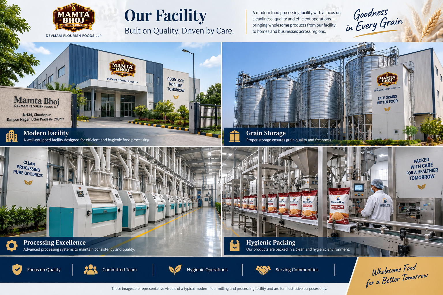 Representative Mamta Bhoj facility visual showing a modern flour processing environment, grain storage, milling equipment and hygienic packing
