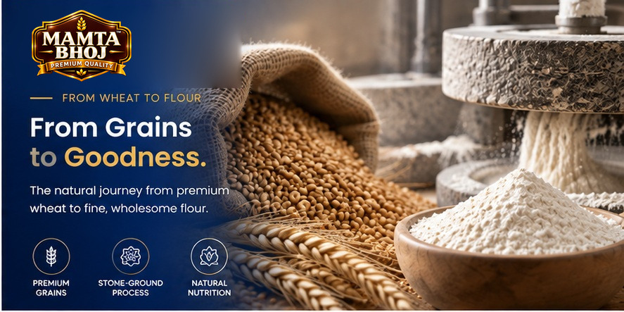 From Wheat to Flour — raw wheat grain alongside freshly milled flour